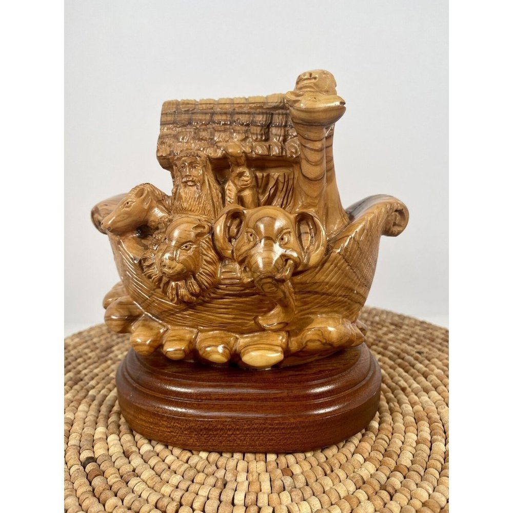 HUGE Intricately Hand Carved Olive Wood Noah's Ark on Wooden Base from Holy Land